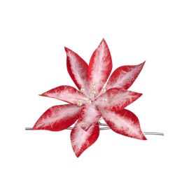 Новогодняя декорация цветок пуансеттия FABR PLUME PEARL POINSETTIA ON CLIP RD WH 32см