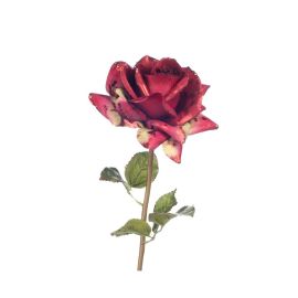 Новогодняя декорация цветок розы METALL ROSE FLOWER ON STEM RD GRN 56см