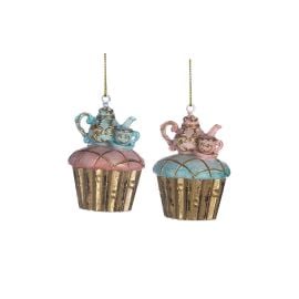 მორთულობა საახალწლო კექსი TEA PARTY CUPCAKE ORN ASS/2 PNK BLU GLD 7სმ