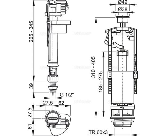 Fill and flush kit with stop button Alcadrain SA2000S 1/2"