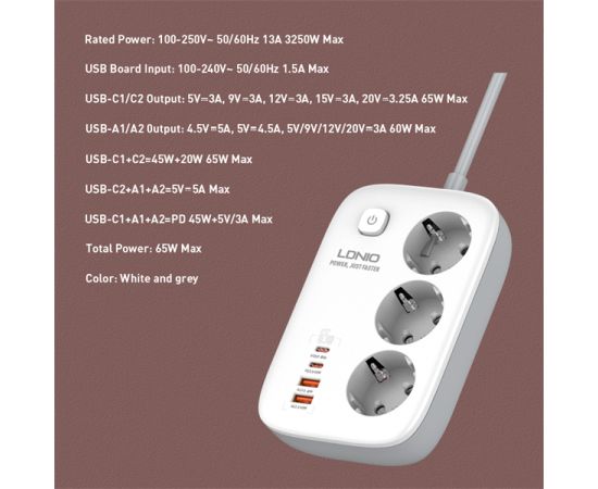 Network filter LDNIO SE3436 3 2m 3250W 4 USB