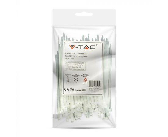 Стяжка V-TAC 2.5 100мм 100шт белая 11159