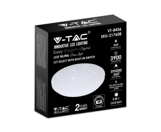 ჭერის განათება LED V-TAC 36W 3000 6400K 3900Lm CCT CHANGING 3IN1 მრგვალი 217609