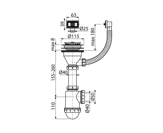 Kitchen sink siphon with overflow large Alca Drain A447-DN50/40