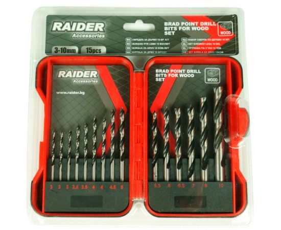 ნაკრები ბურღების ხისთვის Raider 157791 3-10 მმ 15 ც