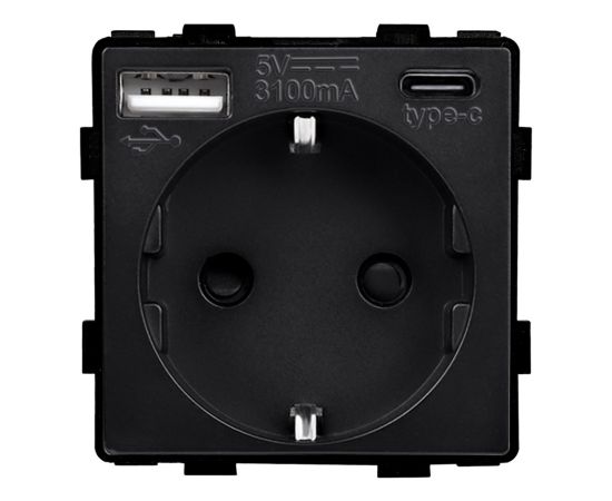 Розетки без рамки Socket Style 16A шторки USB-A C 3.1A 20W черный