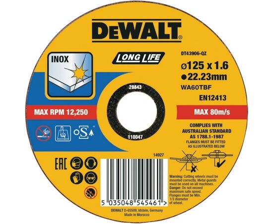 Cutting disc for metal DeWalt DT43906-QZ 125x22.23x1.6 mm