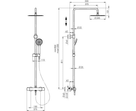 საშხაპე სიტემა Rubineta Olo Thermo 15 Chrome თერმოსტატით 625047