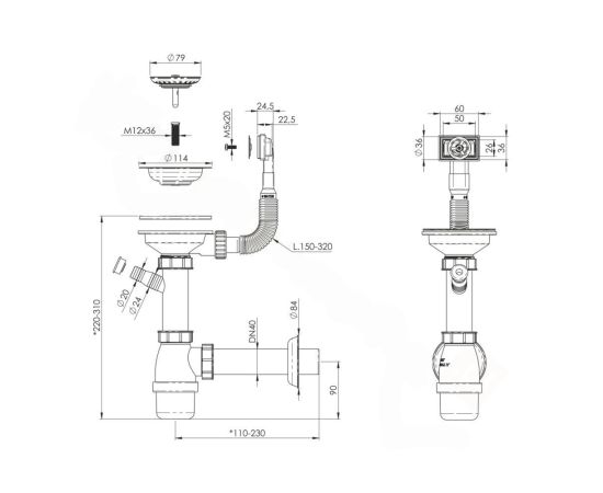 Single bowl sink siphon large with overflow Tycner 2663