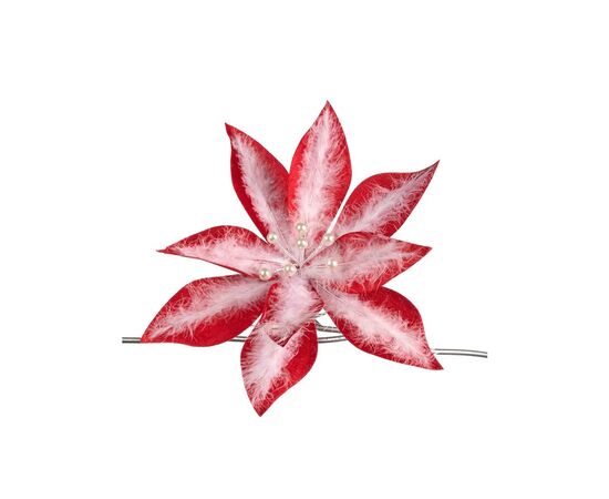 Новогодняя декорация цветок пуансеттия FABR PLUME PEARL POINSETTIA ON CLIP RD WH 32см