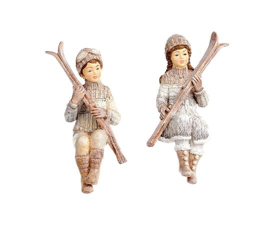 Christmas decoration girl boy with skis SNOWKID W/SKIS LEDGE SITT TT ASS/2 CRM 19.5cm