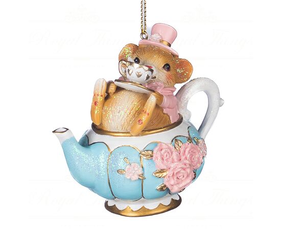 Christmas tree decoration CANDYLAND MOUSE IN TEAPOT ORN PNK BLU WH 8.5cm