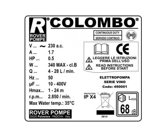 ფილტრი-ტუმბო ღვინის Rover Pompe Colombo 12 0.5 ცხ/ძ