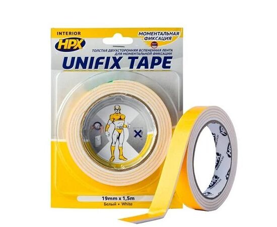 Скотч двусторонний толстый HPX Unifix Tape UF1915 19 мм 1.5 м белый