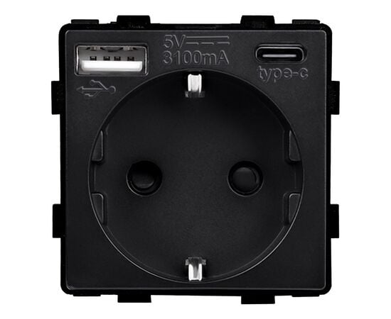 Розетка без рамки Socket Style 16A шторки USB-A C 3.1A 20W черный