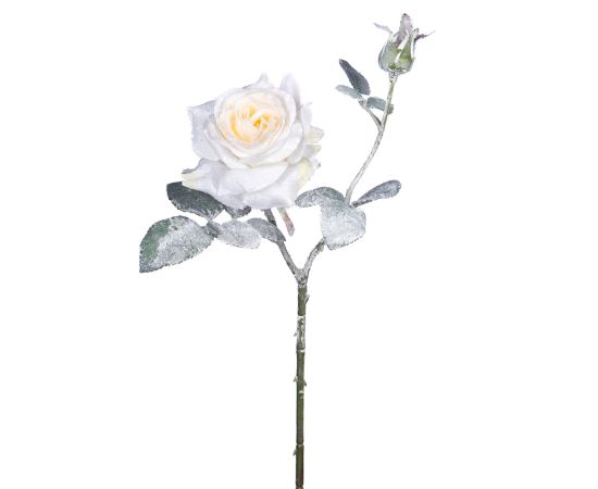 Новогодняя декорация стебель цветка розы SNOW ROSE FLOWER STEM WH 66см