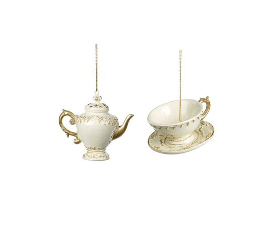 Новогоднее украшение елки чайник чашка TEA POT CUP ORN ASS/2 CRM GLD 7.5см