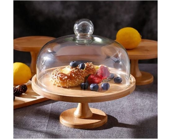 Wooden cake plate with glass lid MG-1532