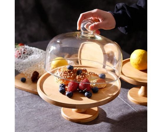 Wooden cake plate with glass lid MG-1532