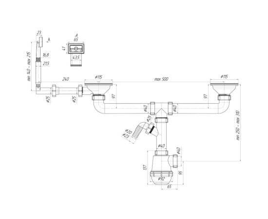 Siphon for kitchen sink double large with overflow Ani Plast A3545EU