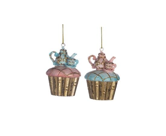 Новогоднее украшение елки кекс TEA PARTY CUPCAKE ORN ASS/2 PNK BLU GLD 7см