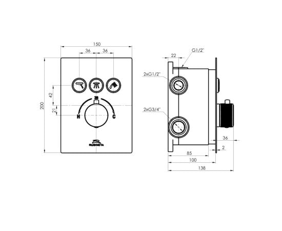 Душевая система скрытого монтажа Rubineta хром Thermo-3F-Olo SQ 625040