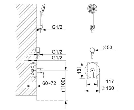 Hidden installation shower system Rubineta 625014 Kubo-1F-Uno (6in1)