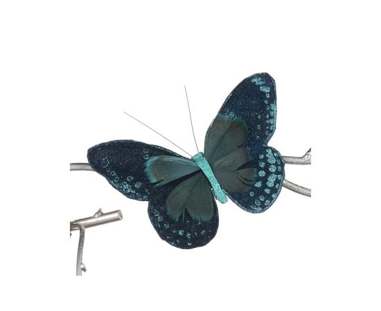 Новогодняя декорация бабочка FABR PLUME BUTTERFLY ON CLIP BLU GRN 16см