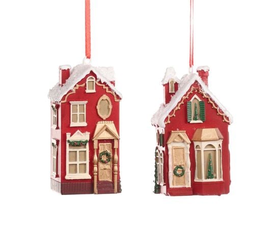 Новогоднее украшение елки рождественский дом XMAS HOUSE ORN ASS/2 RD WH GLD 9см