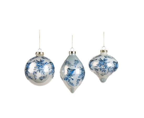 Christmas tree decoration glass ball GLASS DELFT BIRD BALL FIN ORN ASS 3 WH BLU 10cm