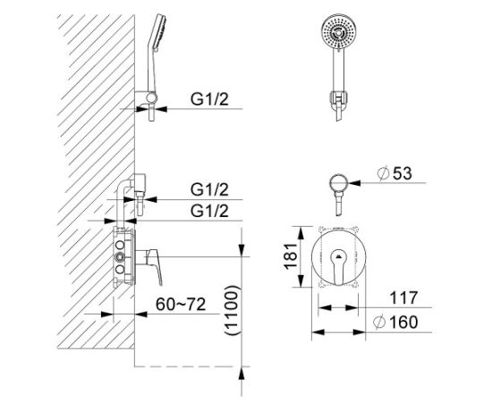 შხაპის ფარული მონტაჟის სისტემა Rubineta 625014 Kubo-1F-Uno (6в1)